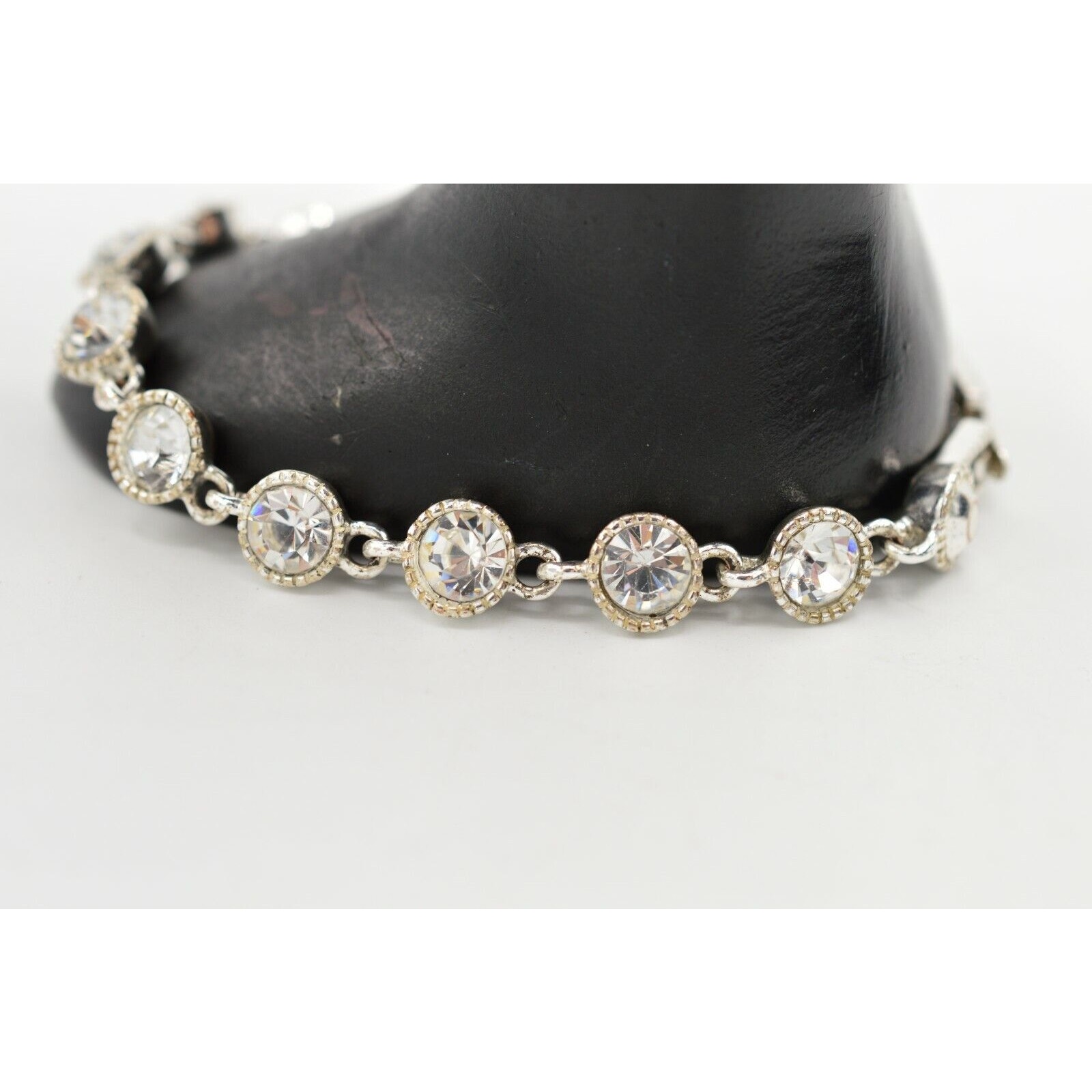 Saq Statement Tennis Bracelet Chunky Rhinestone Crystal Silver Tone Signed Bino